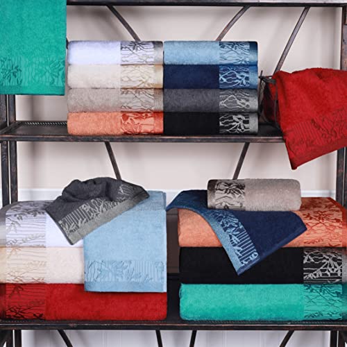 Superior Embroidered Towel Collection, Floral And Geometric Assorted 6-Piece Cotton Towel Set, 30" X 54", 16" X 30", 13" X 13", Black #TOP6