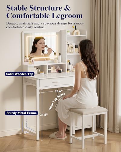 Image of Kitsure Vanity Desk with Mirror and Lights, Large Capacity, Fabric Drawers | Bedroom, Teens & Women, 3 Light Modes, 4 Fabric Drawers, 35 inchD x 17 inchW x 52 inchH, White