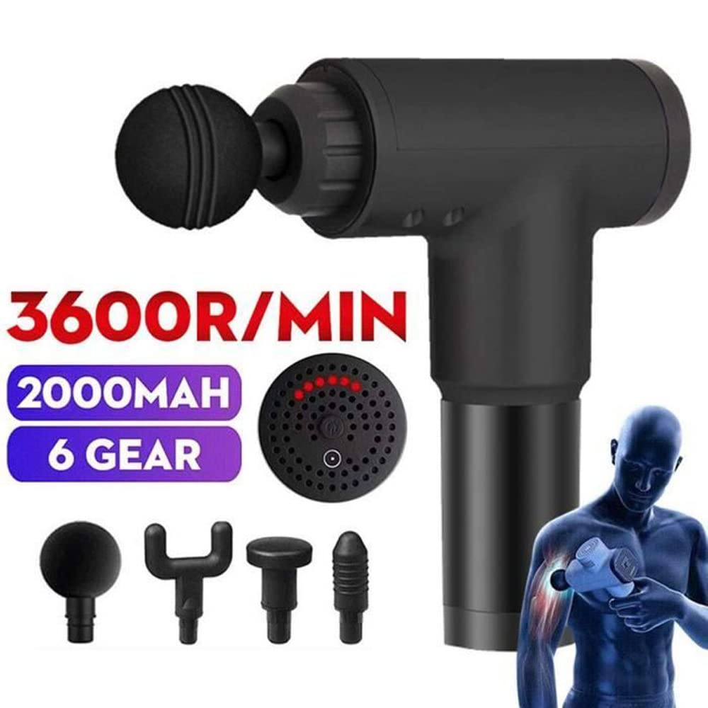 Pistolet de Massage Musculaire,Ultra Silencieux Masseur Portable avec 4 Embouts, 3400R/min, 6 Vitesses Réglables, Appareil de Massage pour Soulagement de la Douleur Fascia Gun
