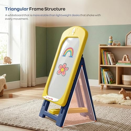 Image of R for Rabbit Little Genius Doodle Whiteboard for Kids Drawing Activity Board Rounded Corner Design Foldable 7-Level Adjustable Height & Handy Storage Tray for 3-7 Years Kids (Yellow Blue)