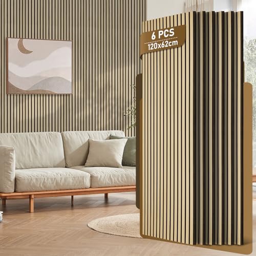 Fiqops 6 paneles acústicos de madera de 120 x 60 cm, paneles de pared de funier de madera y fieltro, paneles de madera en bruto, revestimiento de pared de madera para estudio y hogar decoración de