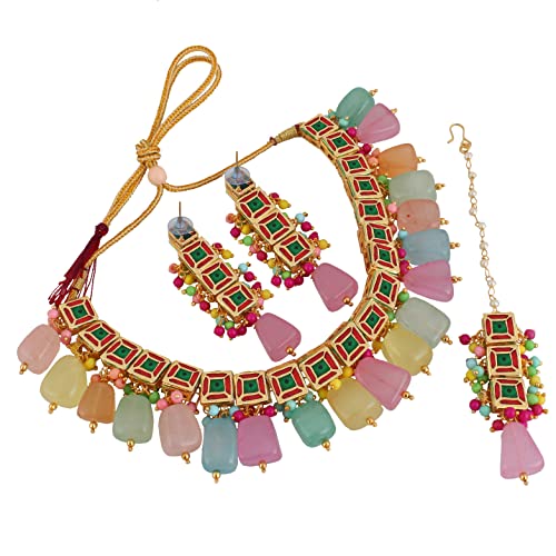 Image of LUCKY JEWELLERY Back Meenakari 18k Gold Plated Mutlicolor Color Square Shape Tika Earring Combo Jewellery Set Uncut Kundan Big Kundan Dibbi Kundan Choker Necklace Set for Girl's & Women
