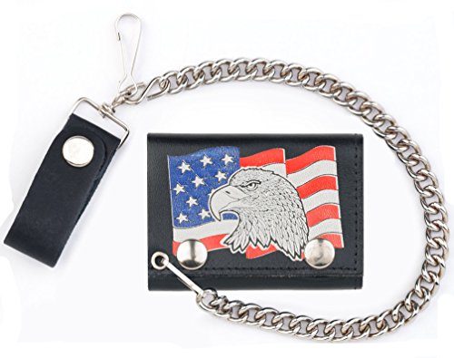 AMERICAN USA FLAG WITH EAGLE Mens Biker Leather Tri-fold Wallet with Chain