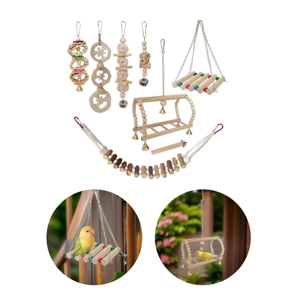 Vogelspielzeug, Vogelkäfig-Hängespielzeug, natürliches Holz, Schaukel, Papageien, Kaustange, Spielzeug, Käfigleiter, Übungsspielzeug für Kakadus, 8 Stück