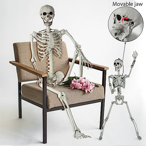 51Wr-odPuWL._AC_ SUNREEK 2 Set Moving Halloween Skeleton - Full Body Skeleton Bones with Movable Joints for Halloween Decoration, Scary Scene, Party Decoration (1.6m & 0.9m)
