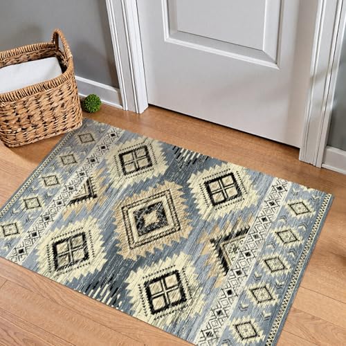 Image of Washable Boho Entryway Rug 2' x3' Small Western Rug Blue White Colorful Color Geometry Door Mat Indoor Entrance Non-Slip Soft Oriental Vintage Carpet Kitchen Entryway Bedroom Corridors Indoor