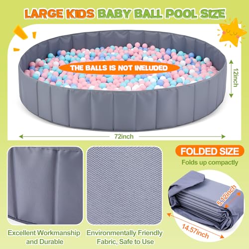 Burbell 72\"x 12\" Extra Large Kids Baby Ball Pool, Jumbo Ball Toddlers Game Activity Pit, Hold Over 2000 Balls, Round Folding Portable Play Pit Indoor and Outdoor, Party Toys, Balls Not Include (Grey) - Thumbnail 2