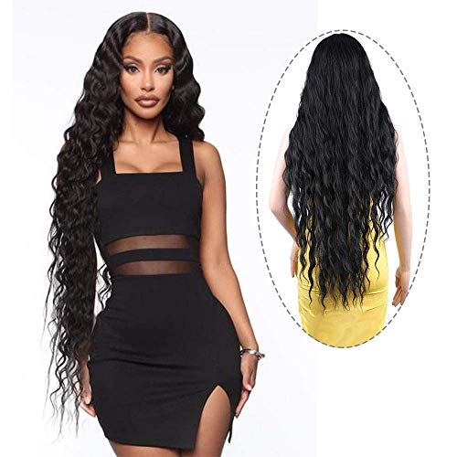 AISI BEAUTY Long Curly Wig Black Water Wave Wig Synthetic Wig for Women 38 Inch Super Long Middle Part Heat Resistant Hair for Daily Party Use.