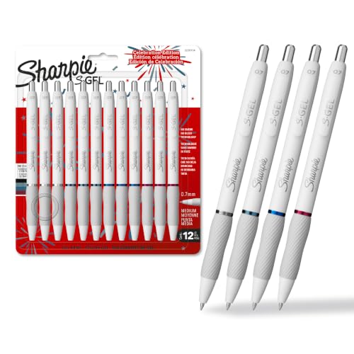Image of Sharpie S-Gel Pens, Pearl White Body, Fashion Barrel, Medium Point (0.7mm), Colorful Ink, 12 Count, USA 250th Anniversary Edition