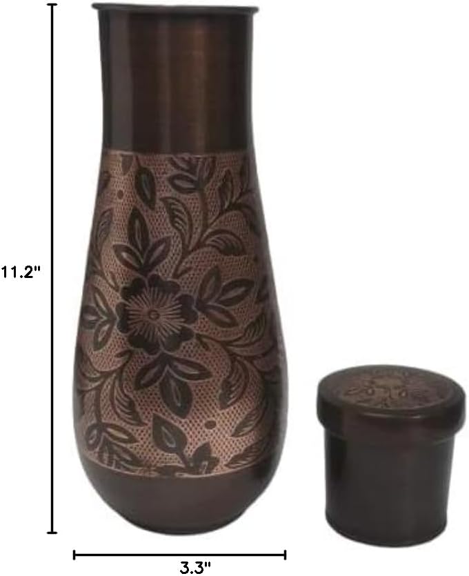 Matt Finish Copper Bottle/jar - Pure Copper Designer Bedroom Water Bottle - Jug with Inbuilt Glass, Drink Ware, Antique & Elegant Design