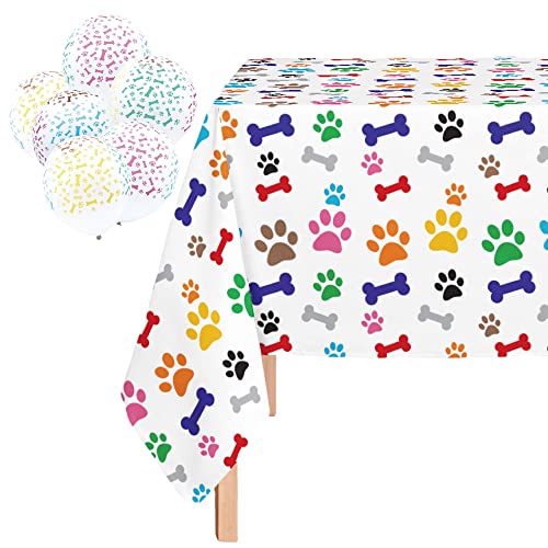 Oojami Paw Print Tablecloth with Balloons – Puppy Party Decorations for Kids or Dog Birthday, Disposable Plastic Table Cover 54" x 108", Colorful Paw Patrol Theme