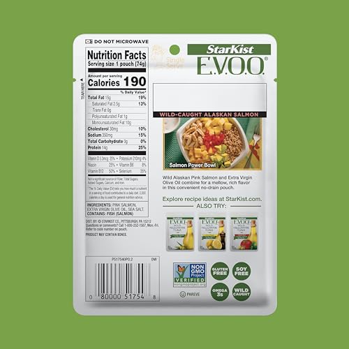 Image of StarKist E.V.O.O. Wild-Caught Pink Salmon, 2.6oz Pouch, 12-Pack | 14g of Protein Per Serving, Features Extra Virgin Olive Oil, Wild Caught Tuna, Gluten Free, Soy Free, Omega 3s