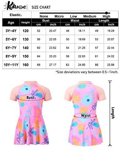 Kukume Kids Girls Short Sleeves Swimsuit Zip Up One Piece Swimwear Ruffle Skirts Bathing Suit Rash Guard Wetsuit Orange Pink #TOP6