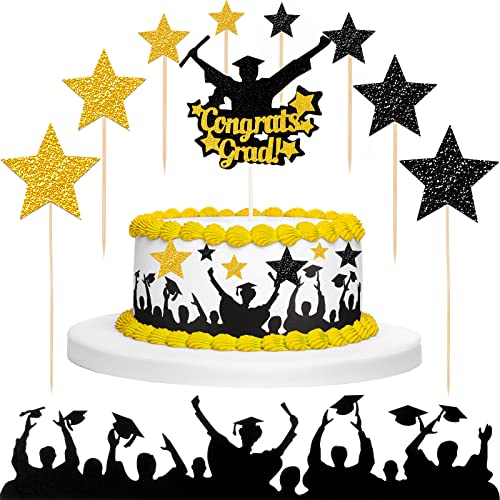 19 Pcs Glitter Graduation Cake Toppers Includes Class of 2025 Congrats Grad Cake Topper Graduation Hats Cake Border and DIY Glitter Star Cupcake Toppers for Graduation Decorations, Black and Gold