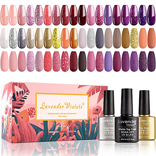 Lavender Violets Gel-Nail-Polish-Kit 27+3 Colors Classic n Glitter Gel Shades Red Pink Purple Yellow and Silver Soak-off UV Nail Gel 5ml/each with Base, Matte and Glossy Top Coat 8ml/each C971