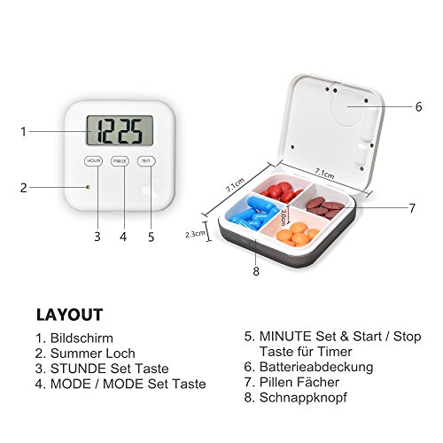 U-Trak Pill Box Alarm Pill Organizer Mini Portable Daily Pill Case with Digital Alarm Clock Reminder 4 Compartments Black