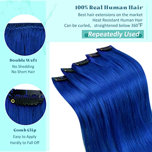 RUNATURE Blue Hair Extensions Clip in Hair 16 Inch Clip in Blue Hair Extensions Real Human Hair 5PCS 25gram - Image 4