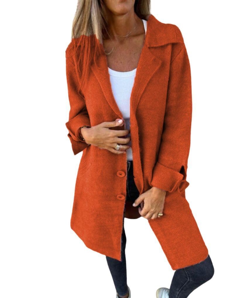 HOTYD Long Coat Women Notched Collar Casual Single Breasted Solid Color Pea Coats with Pockets Loose Fit Fall