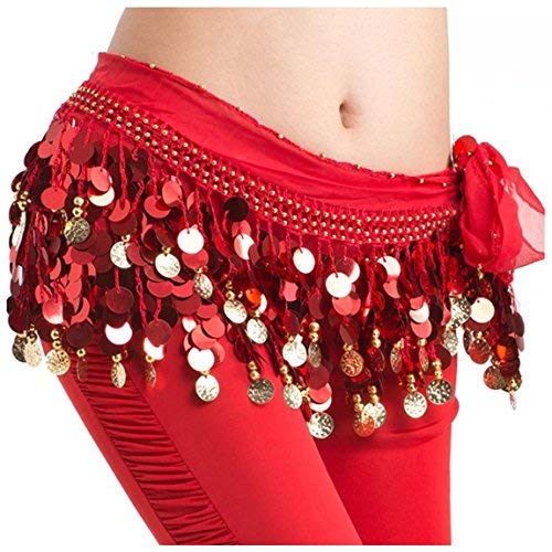 Image of VRITRAZ Women's Chiffon Belly Dance Hip Scarf Waistband Belt Skirt Mixed Colors Beads and Golded Coins 56 Black