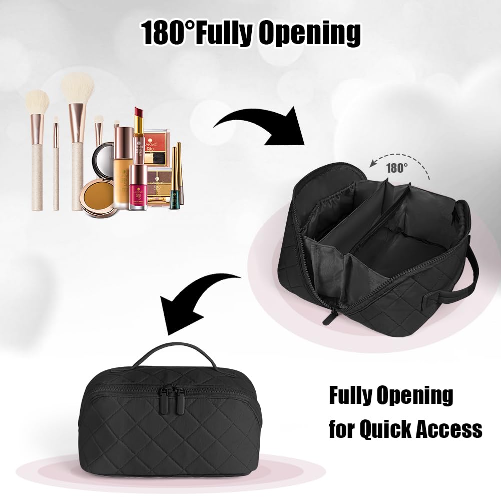 URAQT Trousse de Maquillage Femme, Trousse de Toilette Grande, Sac Cosmétique de Voyage Léger avec Compartiments, Ouverture à Plat avec Poignées, Lavable en Machine pour Voyage Bureau Quotidien Noir - 5