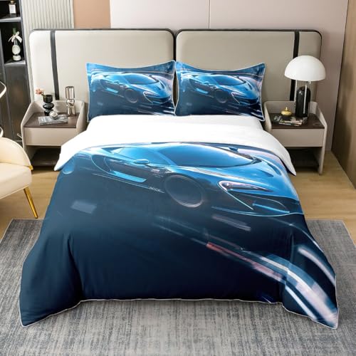 100% Bio-Baumwolle Racing Speed Auto Bettbezug Extreme Sport Wettbewerb Tröster Abdeckung 135x200 3D Auto Druck Bettwäsche Set Blau Rennwagen Bett Set für Jungen Männer,Cool Mode Home Decor