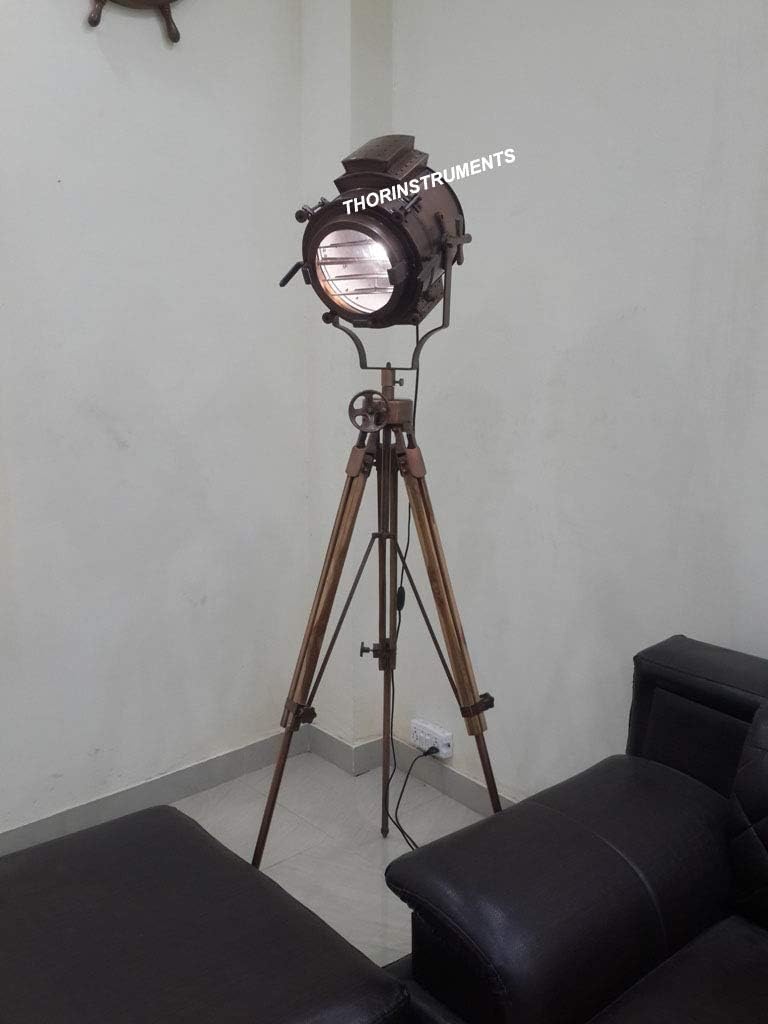 THOR INSTRUMENTS Vintage Nautical Copper Spot Light Floor Lamp with Wooden Tripod Home Decor Rustic Vintage Home Decor Gifts