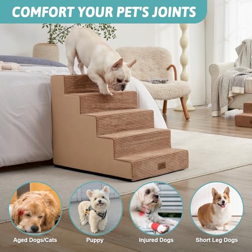 Image of COZY KISS Dog Stairs for Small Dogs 5-Step, 19.7 inch Extra Wide Right-Angle Pet Stairs for Couch and Beds, Anti-Slip Dog Steps for Old Cats and Lowrider, 19.7x29.5x23.6 inch, Light Brown