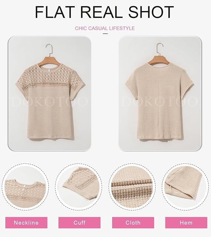 Dokotoo Women's Tops Casual Scoop Neck Short Sleeve Waffle Knit Hollow Out Shirts Loose Tunic Tops Blouses - Image 6