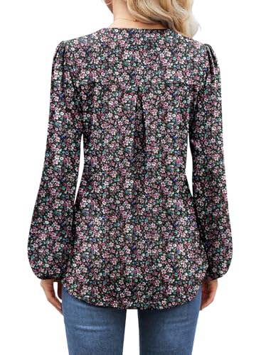 MIHOLL Women's V Neck Puff Long Sleeve T Shirts Pleated Casual Loose Tunic Blouse2