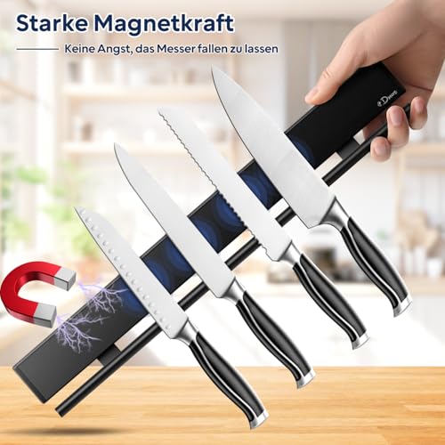 Dmore Magnetleiste Messer mit 10 Haken, 43 cm Messerhalter magnetisch schwarz mit Hakenleiste, extrem selbstklebend Magnet Messerhalter, inklusive Klebeband und Schrauben, für Messer und Utensilien 4