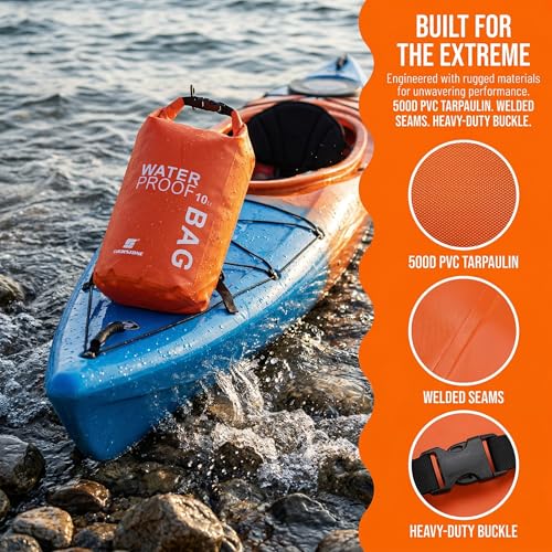 Bolsa seca profesional impermeable de PVC 500D color naranja con cierre enrollable y anilla en D, capacidad 5 litros, para rafting, kayak, senderismo y playa miniatura 2