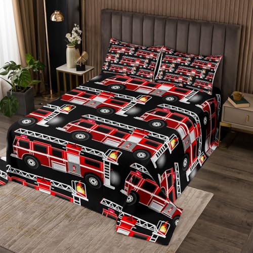 Erosebridal Cartoon Vehicles Quilted Red Fire Truck Bedspread Twin Size,Fire Engine Truck Coverlet Set for Child Teens,Firemen Car Vehicle Quilt Set Firefighter Truck Kids Car Theme Room Decor