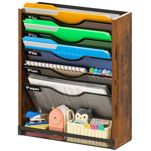 6-Tier Wall File Organizer with Bottom Tray, Ironwood Mail Organizer