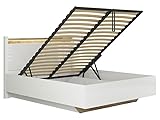 Poids : 122 kg PEGANE Lit Coffre 160x200 avec sommier et Rangement + LED, Coloris Blanc Brillant/Chêne Clair - Longueur 208,5 x Profondeur 165,5 x Hauteur 42,5-104 cm