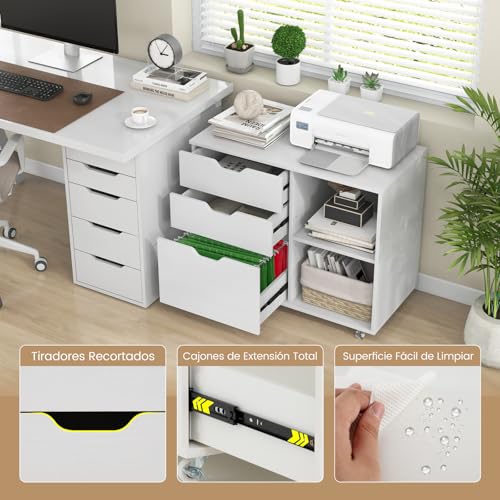 COSTWAY Cajonera con Ruedas, 3 Cajones, Cajoneras Escritorio con Estante Ajustable, Mueble Archivador Oficina, Carta, A4, Tamaño Legal, 81 x 40 x 66,5 cm (Blanco) - imagen 5