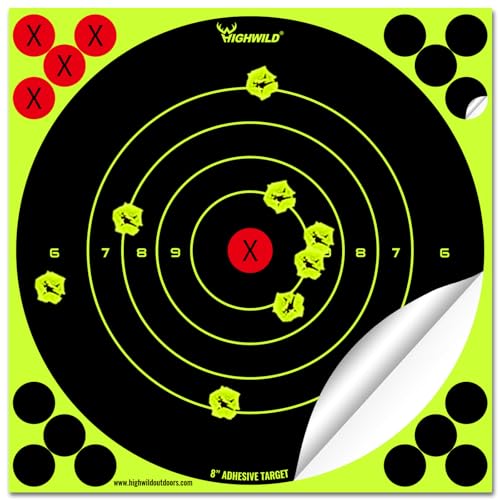 Highwild 8X8 Inch Splatter Adhesive Bullseye Fluorescent Yellow Shooting Target Stickers - Suitable for Handguns, Rifles, BB Guns, Airsoft, Pellet Guns - 25Pack