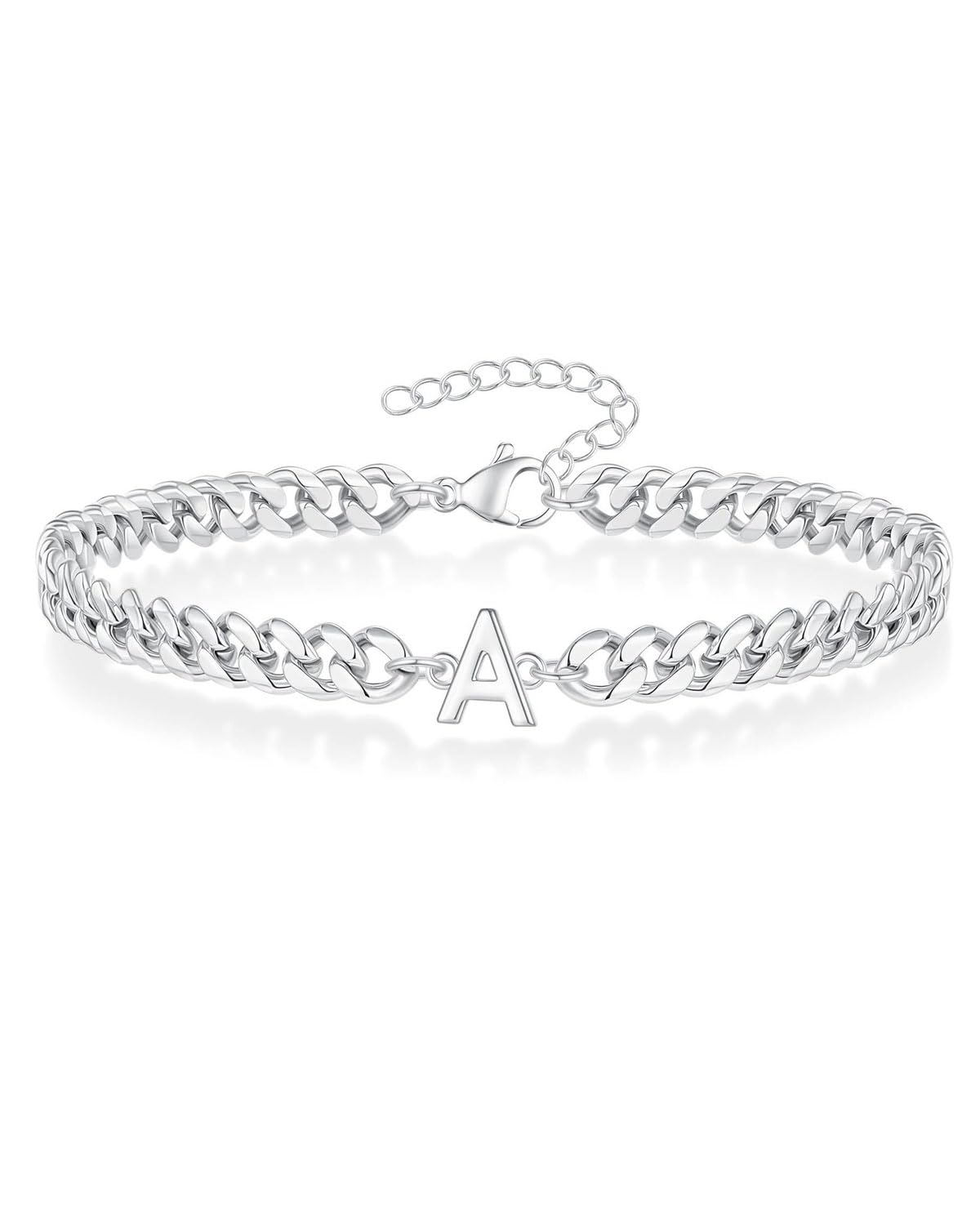 KGDUYC 1 Pcs Pulsera de Hombre Cadena Acero Inoxidable- Pulsera Hombre Plata| Pulsera de Cadenas Cubanas| Pulsera Hip Hop Plateado| Regalos de Joyería para Hombres, Pulsera inicial A