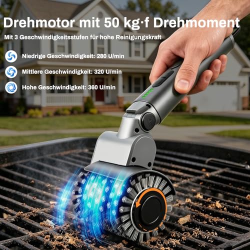 Hiwoor Elektrische Grillbürste, 3 in1 Kabelloser BBQ-Reiniger – 3 Wechselbare Köpfe, Spülmaschinenfest, 3 Gänge, Verstellbarer Winkel, 150 Min Laufzeit, Hitzebeständige für Grillroste (Hellgrau)