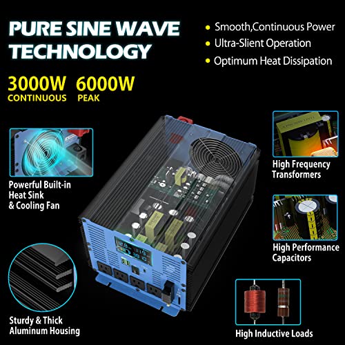 Pure Sine Wave Power Inverter 3000W 12V Dc To 110 120V Ac With 4 Ac Outlets Dual Usb Ports Type-C Port Ac Terminal Blocks Wireless Remote Control Lcd Display For Emergency Rv Car [2 Years Warranty] #TOP6
