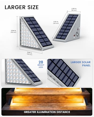 Image of NIORSUN Outdoor Step Lights, Upgraded 28 LEDs 2 Brightness Modes, IP67 Waterproof Solar Stair Lights for Outside Steps, 1200mAh Battery Long Runtime Warm White for Patio Deck Yard Porch, 16 Pack