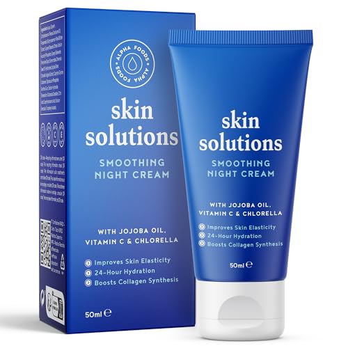 Crema de noche hidratante, revitalizante y antiarrugas con Aceite de Jojoba, Clorella y Vitamina C - Crema hidratante facial mujer y hombre rellenador de arrugas profundas - Alpha Foods