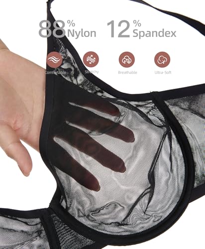 Image of Women's Sheer Bra Sexy Mesh Full Coverage See Through Unlined Underwire Supportive Plunge Bras