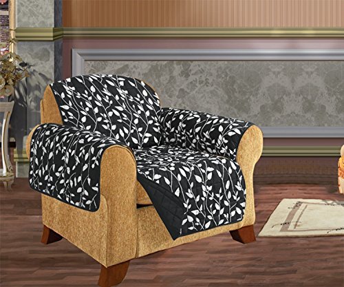 CELINE LINEN Quilted Furniture Protector for Pet Dog Children Kids -2 Ties to Stop Slipping Off Treatment Microfiber As Soft as Egyptian Cotton, Black Leaf Chair