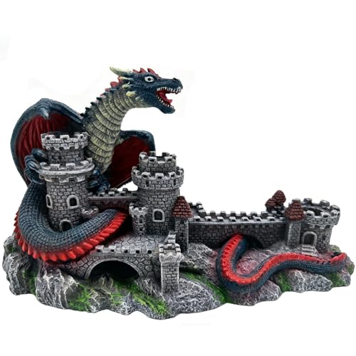 PEUILST Dragon Castle Aquarium Ornament, Resin Large Fish Tank Decoration with Hiding Caves for Betta, Tropical Fish & Reptiles, Medieval Fantasy Underwater Landscape Decor-10.6 inches in Length