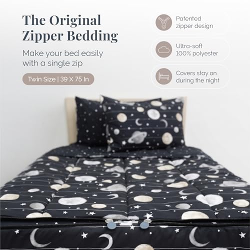 Image of Beddy's Outer Space Themed Durable Zipper Bedding for Kids /Teens - Bed in a Bag-Black Sheets and Universe Galaxy Comforter with Stars & Solar System,Includes Pillowcase & Sham-Easy to Make & Wash-Twin