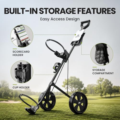 Image of 2-Wheel Golf Pull Cart - Lightweight Foldable Golf Push Cart with Durable Steel Frame, Adjustable Web Straps, Compact Design for Walking Golfers