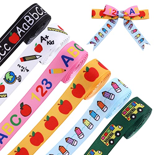 Image of Whaline 6 Rolls Back to School Grosgrain Ribbon 30 Yards School Teacher Themed Ribbon School Bus Pencil Apples ABC Pattern Fabric Decorative Craft Ribbon for Gift Wrapping Hair Sewing Wreath