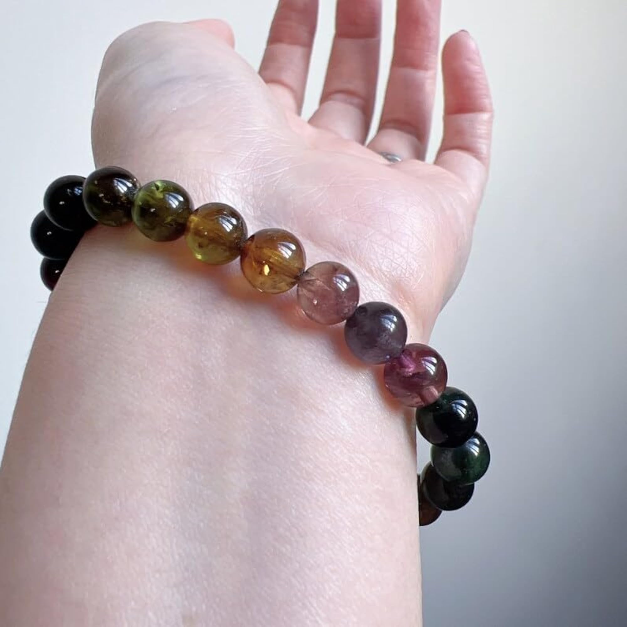 Unisex Natural Rainbow Tourmaline 8mm Smooth Cut Bead Stretch Bracelet