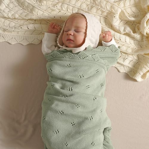 Image of mimixiong Cotton Baby Blanket Knitted Crochet Receiving Crib | Nursery Swaddling Blankets for Newborn Baby Boy Girl Sage Green 30x40 Inch