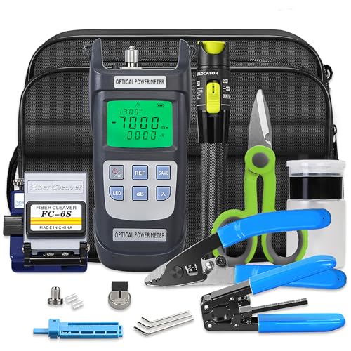 Fiber Optic Tool Kit 9-in-1 with FC-6S Fiber Cleaver Optical Power Meter (-70 - +10 dBm) FTTH Splicing Tools for Cable Maintenance & Network Installation